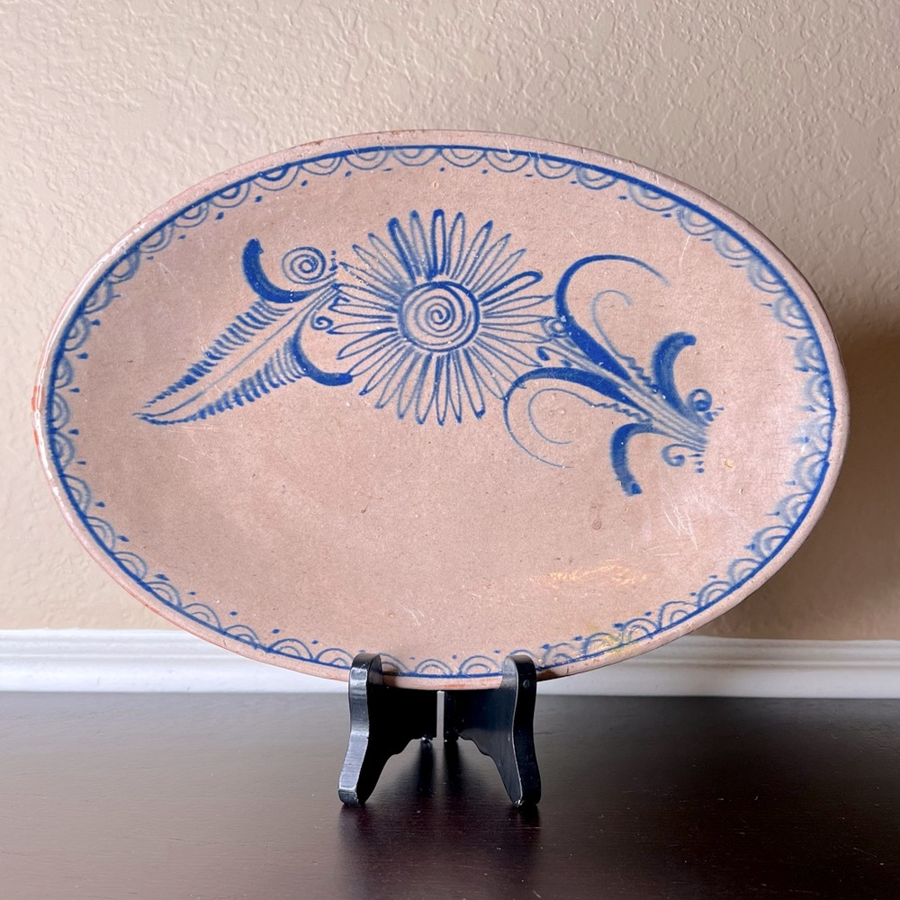 Vintage Red Clay w Blue Flowers Oval Bowl, Serving Dish, Antique Pottery, Blue